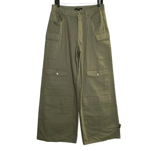 Forever 21 Women's High-Waisted Olive Cargo Pants Large Wide-Leg NWT - Picture 2 of 7
